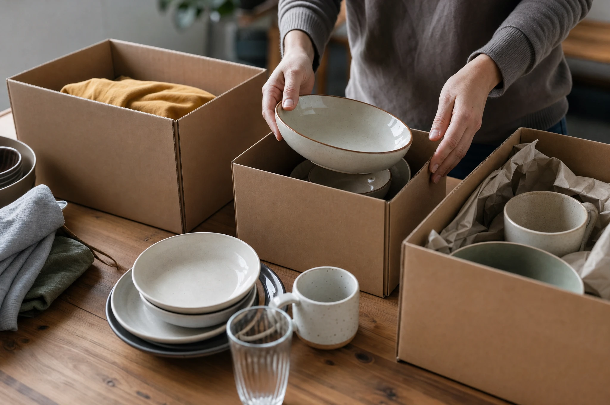 Sorgfältiges Einpacken von Keramik und Hausrat bei einer Haushaltsauflösung