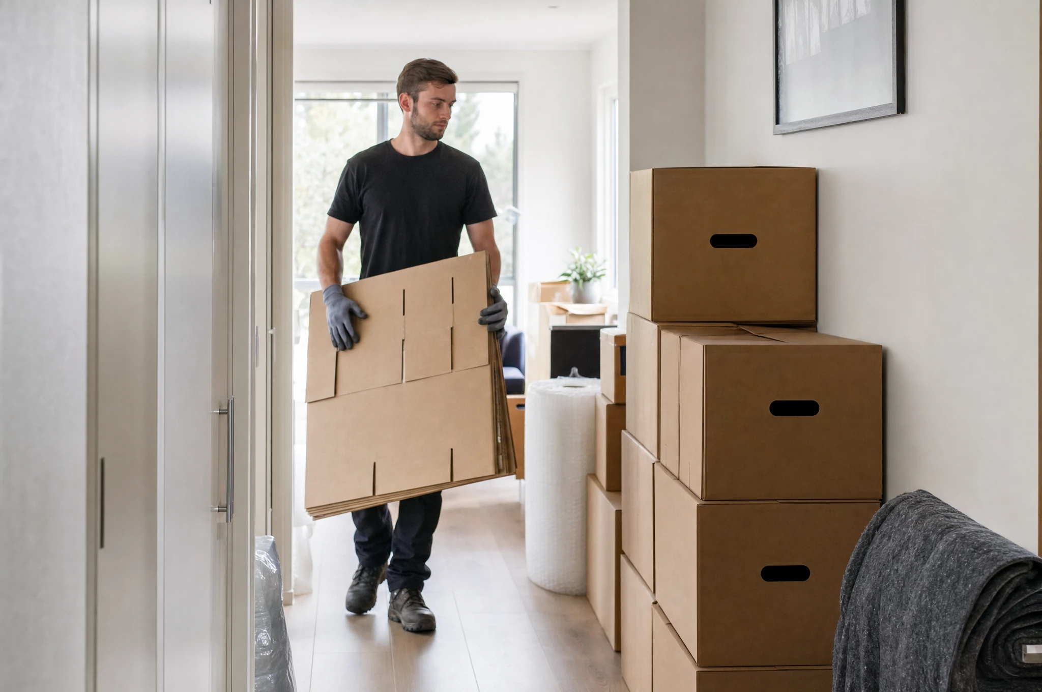Umzugshelfer trägt gefaltete Umzugskartons durch den Flur einer modernen Wohnung