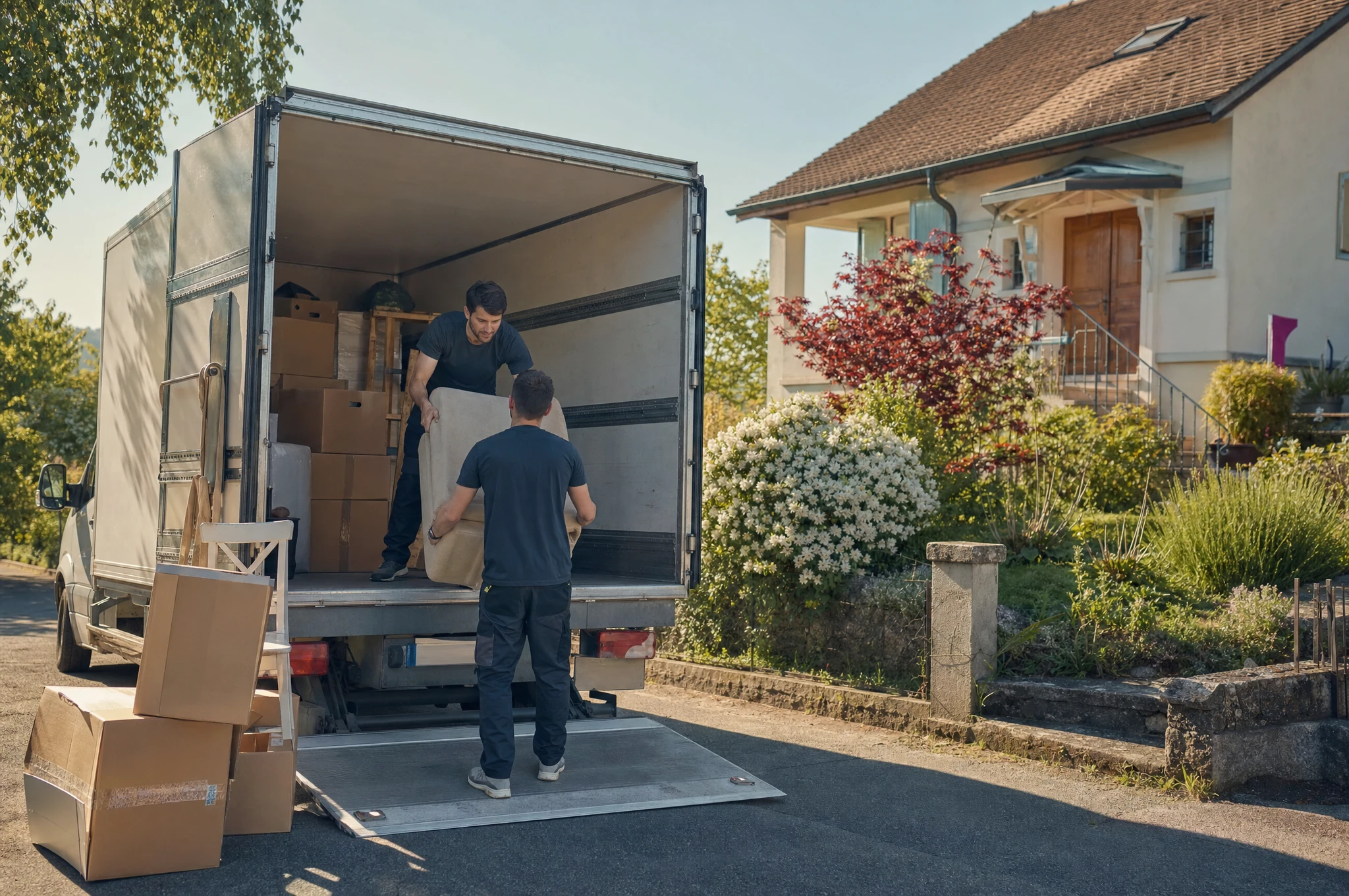 Komplette Hausräumung vom Dachboden bis zum Keller – Clearx Zwei CLEARX Mitarbeiter beladen das Transportfahrzeug vor einem Wohnhaus