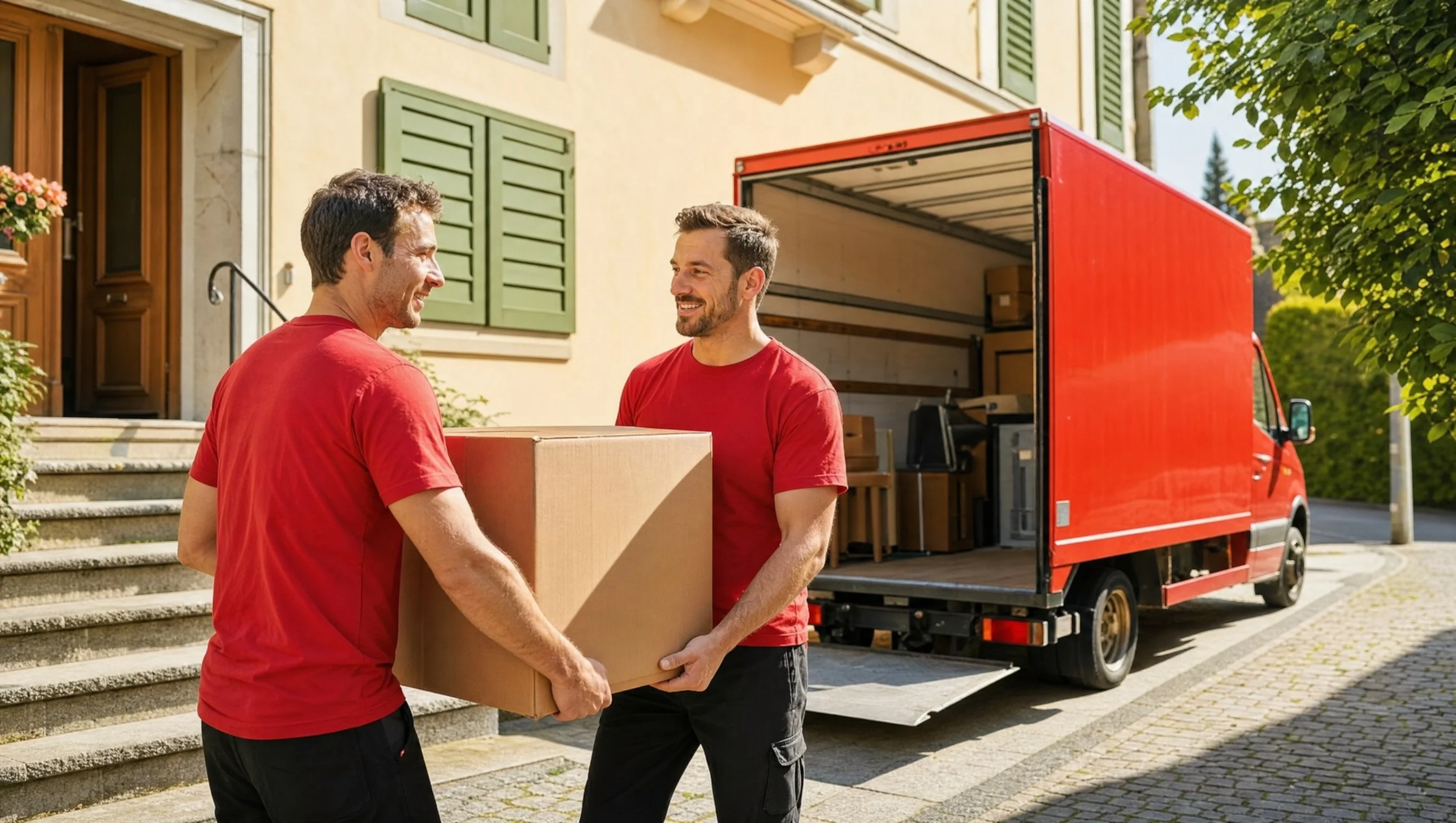 CLEARX Team räumt eine Wohnung mit rotem Lieferwagen
