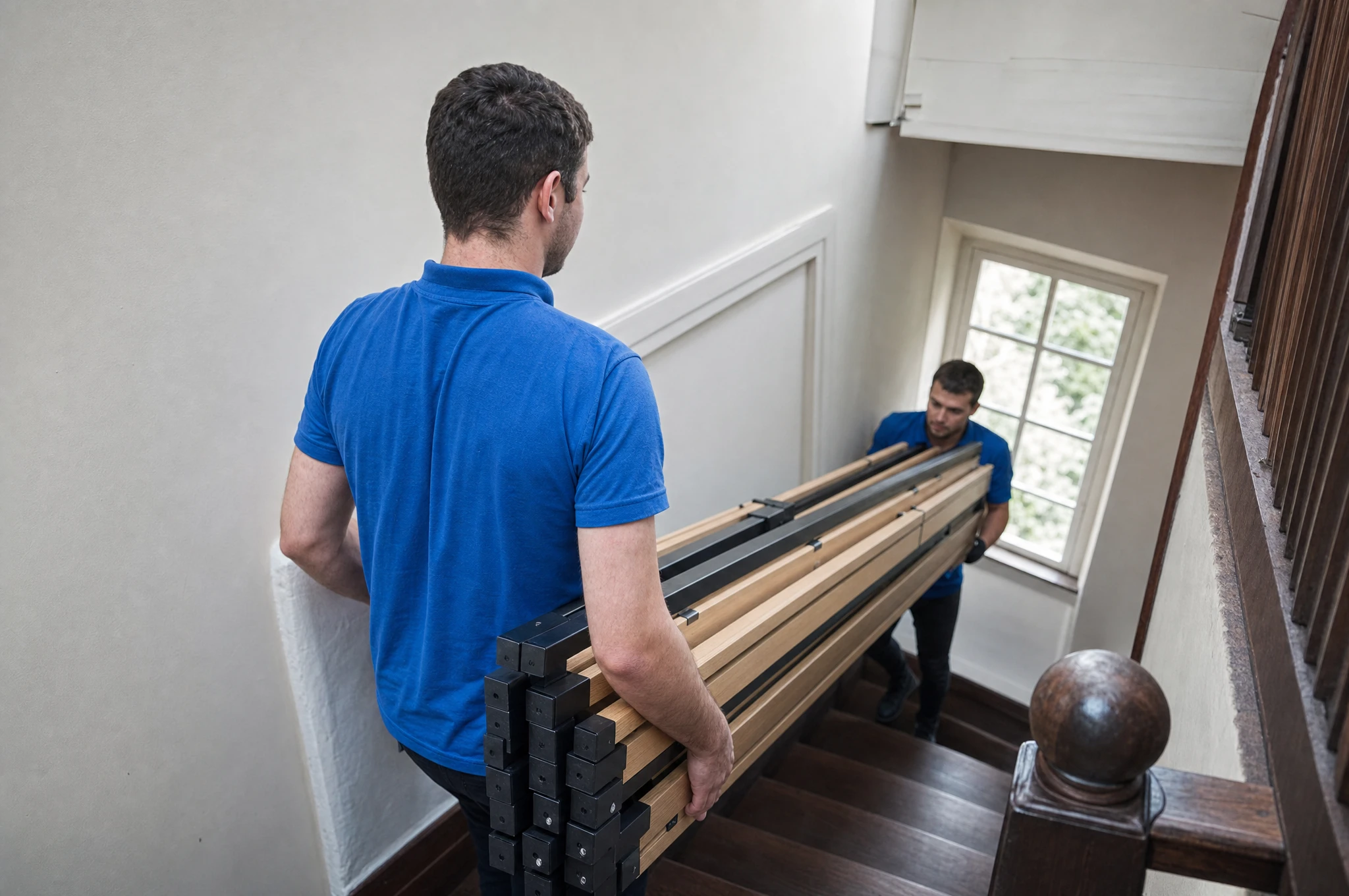 Bett, Matratze und Lattenrost fachgerecht entsorgen – Clearx Zwei Helfer tragen zerlegte Holzbett-Teile sicher die Treppe hinab