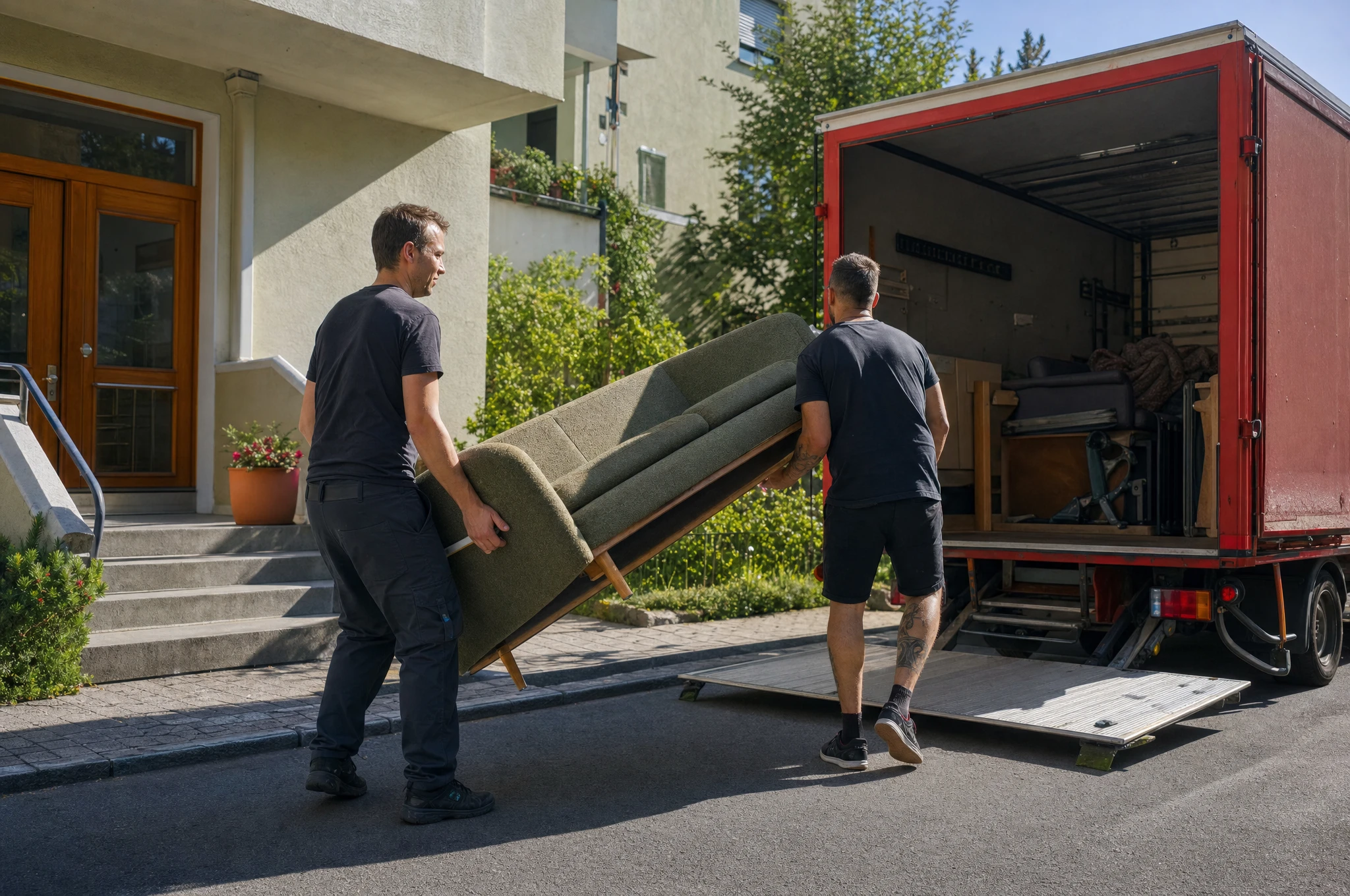 Zwei Helfer tragen eine Couch zur Laderampe des Möbeltransporters