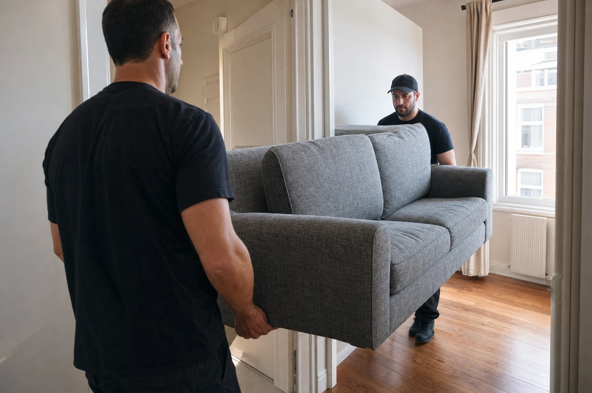 Sofa und Couch einfach abholen und entsorgen lassen – Clearx Zwei Möbelpacker tragen ein graues Sofa vorsichtig durch eine enge Wohnungstür