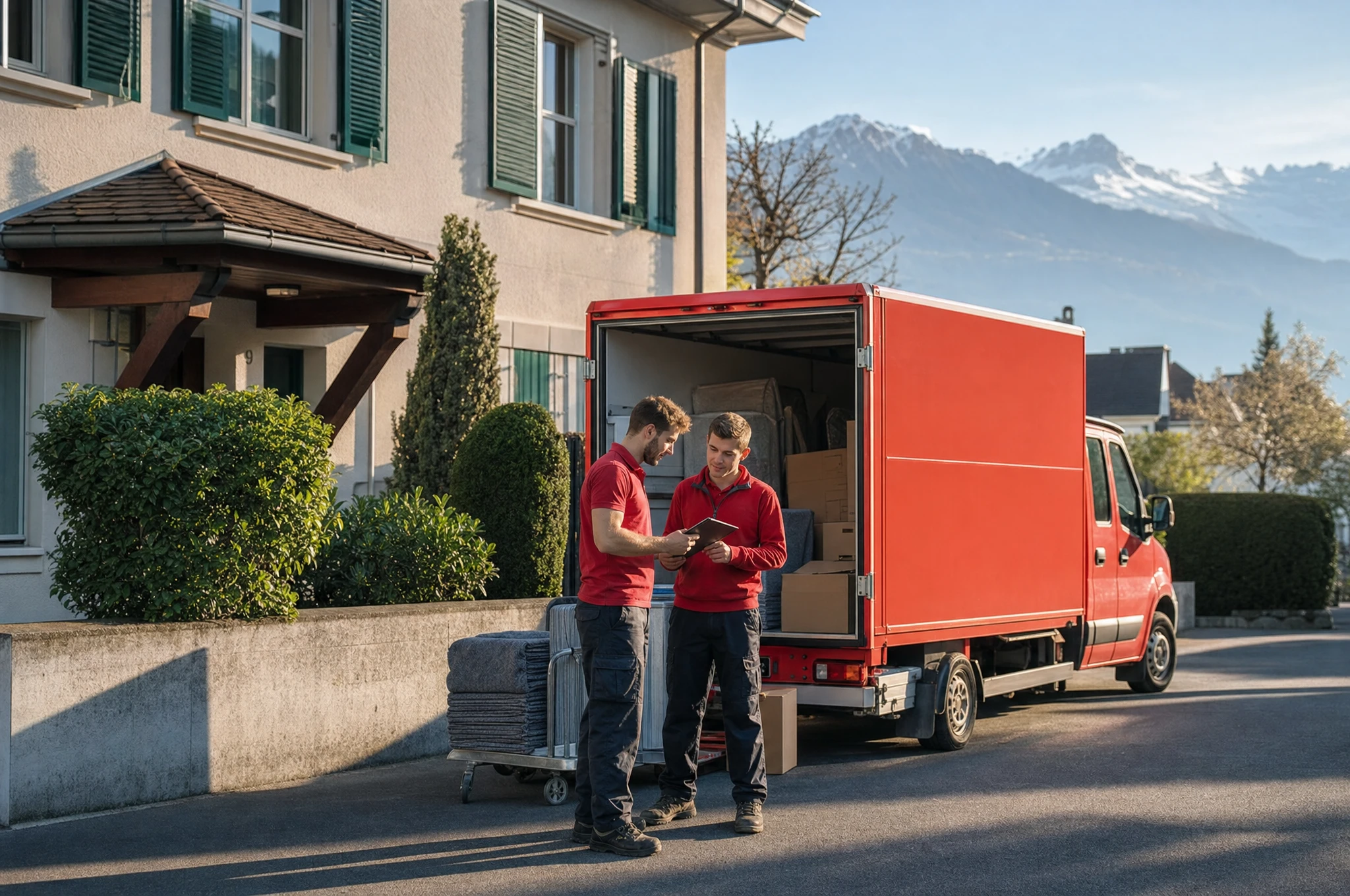 CLEARX Team – Ihr verlässlicher Schweizer Partner für Räumung und Entsorgung Zwei festangestellte CLEARX Mitarbeiter vor dem Firmenfahrzeug in den Schweizer Bergen
