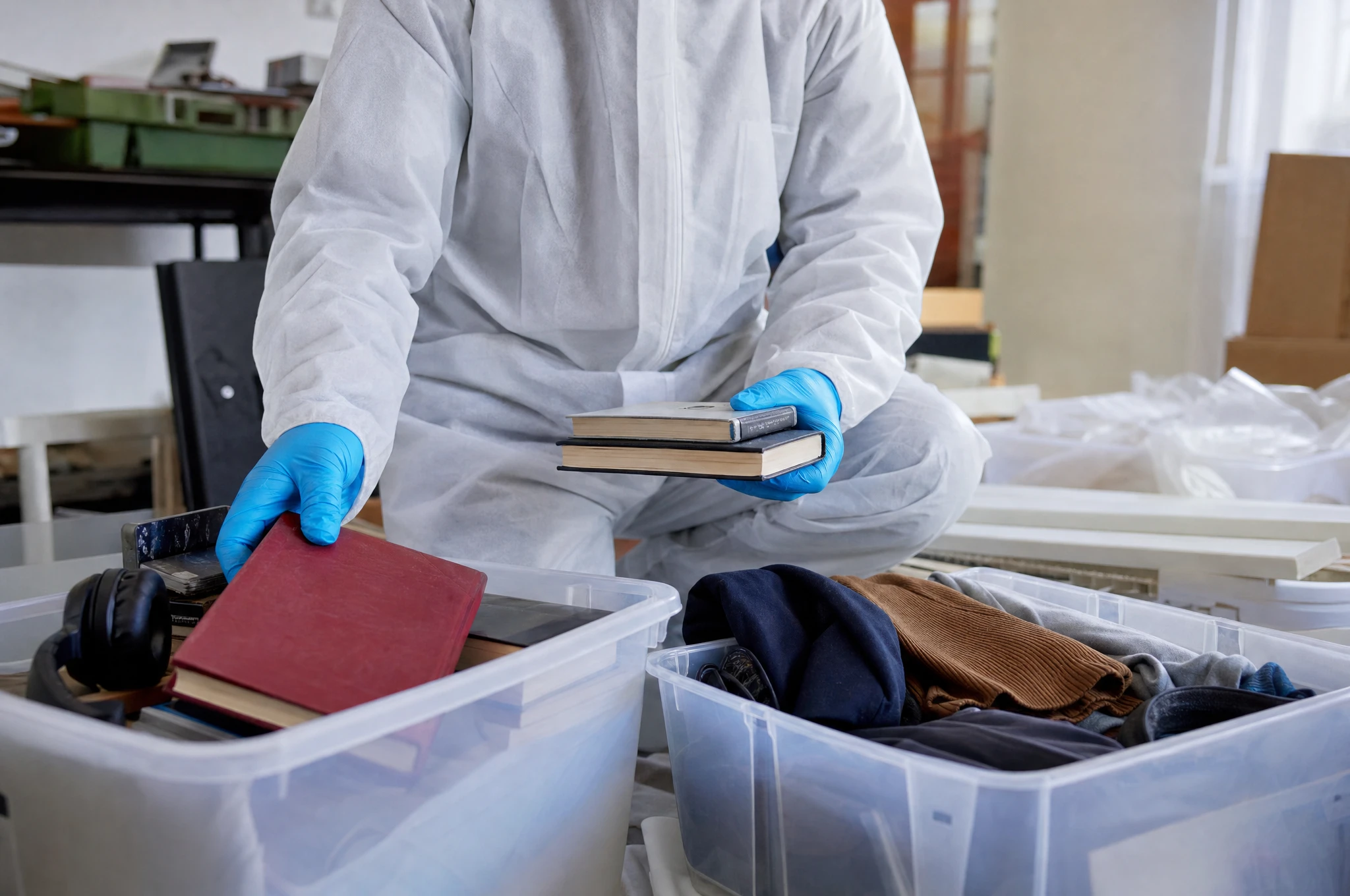 Fachkraft in Schutzkleidung sortiert Bücher und Inventar bei einer Messiewohnungs-Räumung